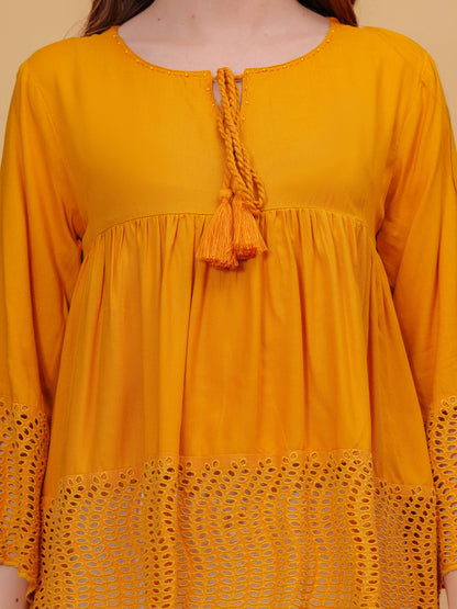 Mustard Solid Tops & Tunic - Rayon Fabric, 3/4 Sleeves, Keyhole Neck And Hips Length