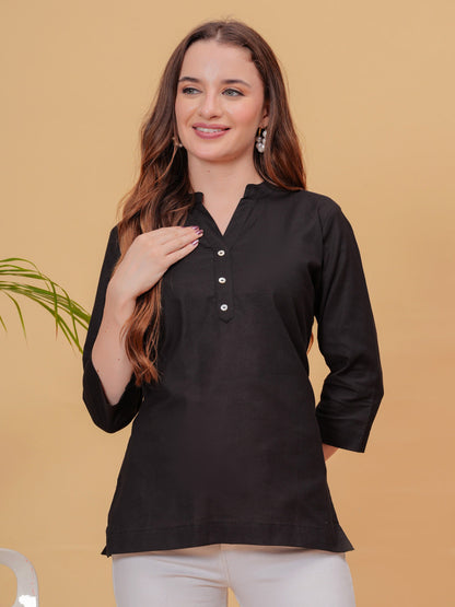 Black Solid Tops & Tunic - Linen Fabric, 3/4 Sleeves, Mandarin Collar And Hips Length