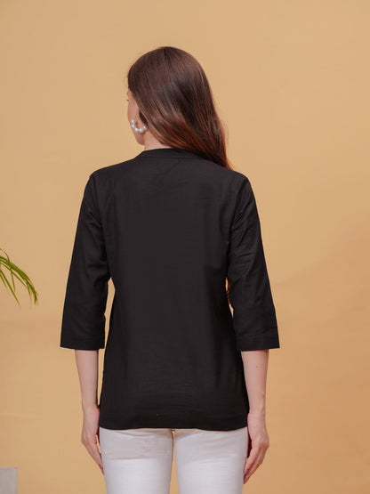 Black Solid Tops & Tunic - Linen Fabric, 3/4 Sleeves, Mandarin Collar And Hips Length