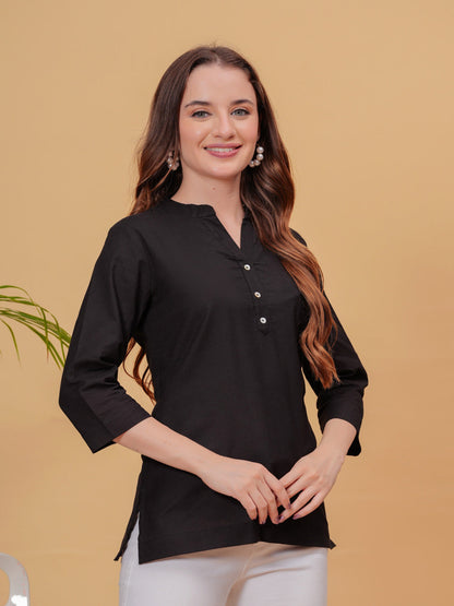 Black Solid Tops & Tunic - Linen Fabric, 3/4 Sleeves, Mandarin Collar And Hips Length