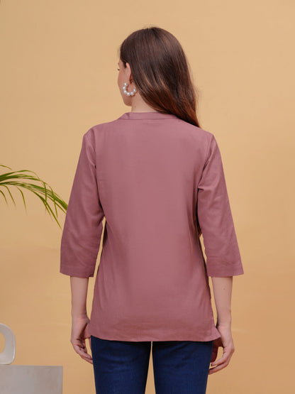 Brown Solid Tops & Tunic - Linen Fabric, 3/4 Sleeves, Mandarin Collar And Hips Length