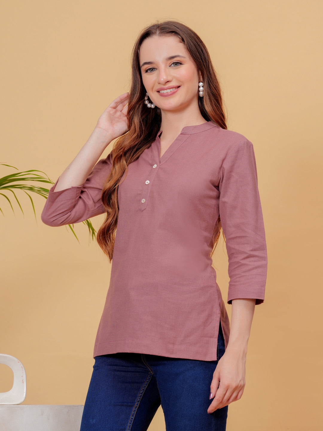 Brown Solid Tops & Tunic - Linen Fabric, 3/4 Sleeves, Mandarin Collar And Hips Length