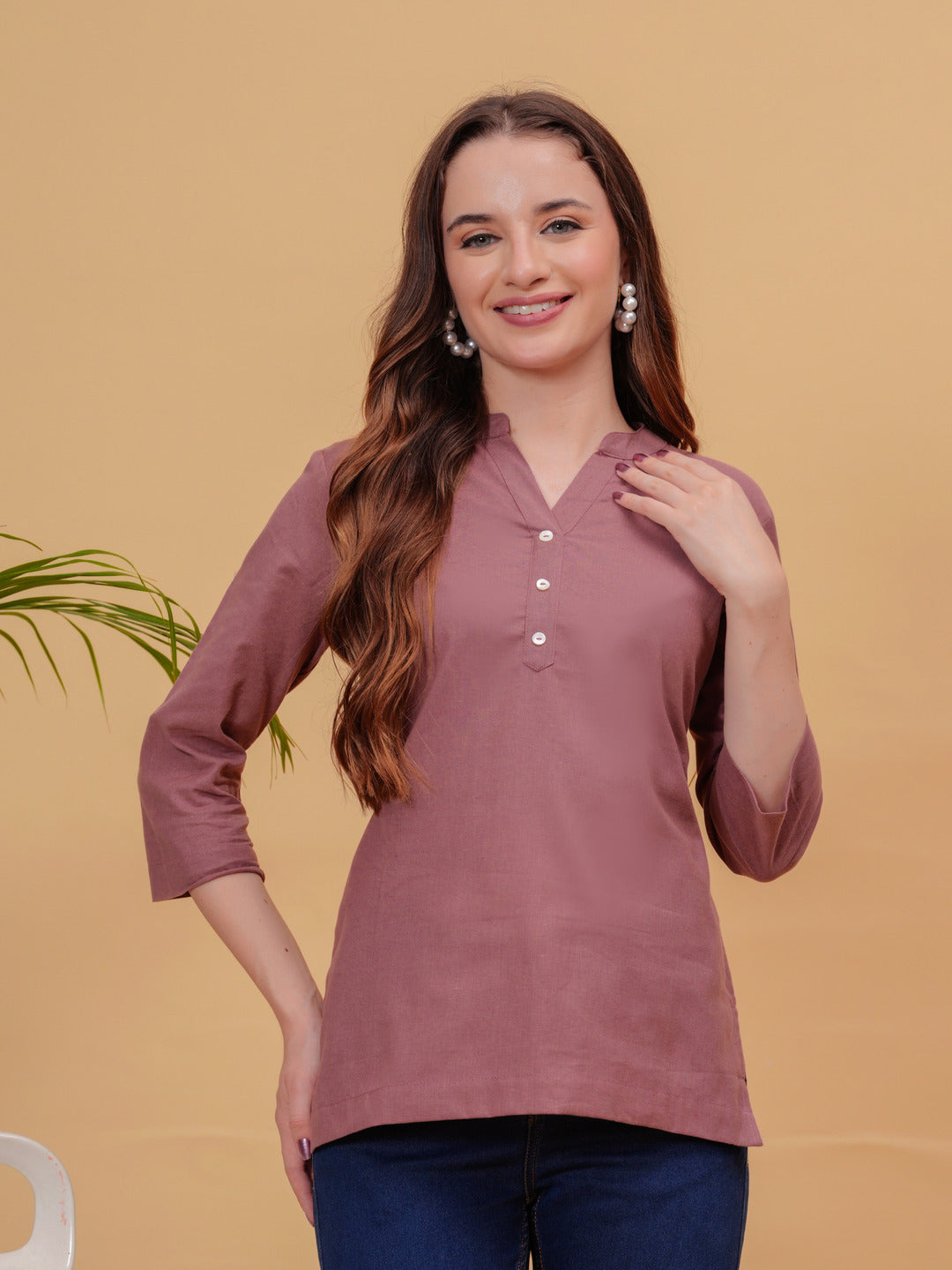 Brown Solid Tops & Tunic - Linen Fabric, 3/4 Sleeves, Mandarin Collar And Hips Length