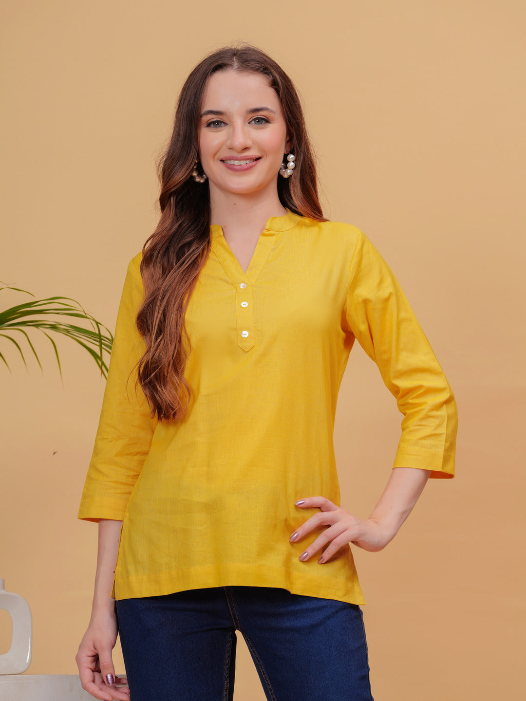 Mustard Solid Tops & Tunic - Linen Fabric, 3/4 Sleeves, Mandarin Collar And Hips Length