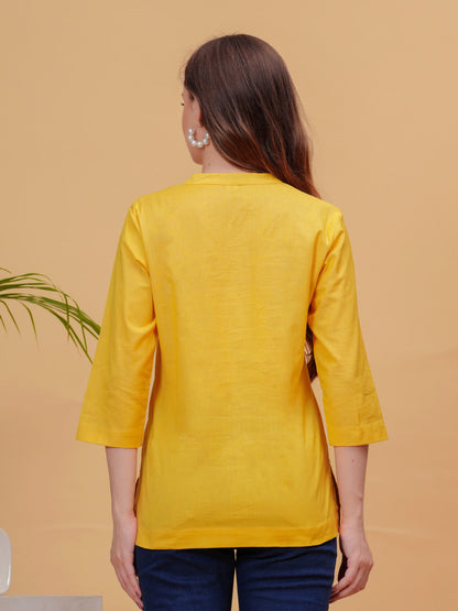 Mustard Solid Tops & Tunic - Linen Fabric, 3/4 Sleeves, Mandarin Collar And Hips Length