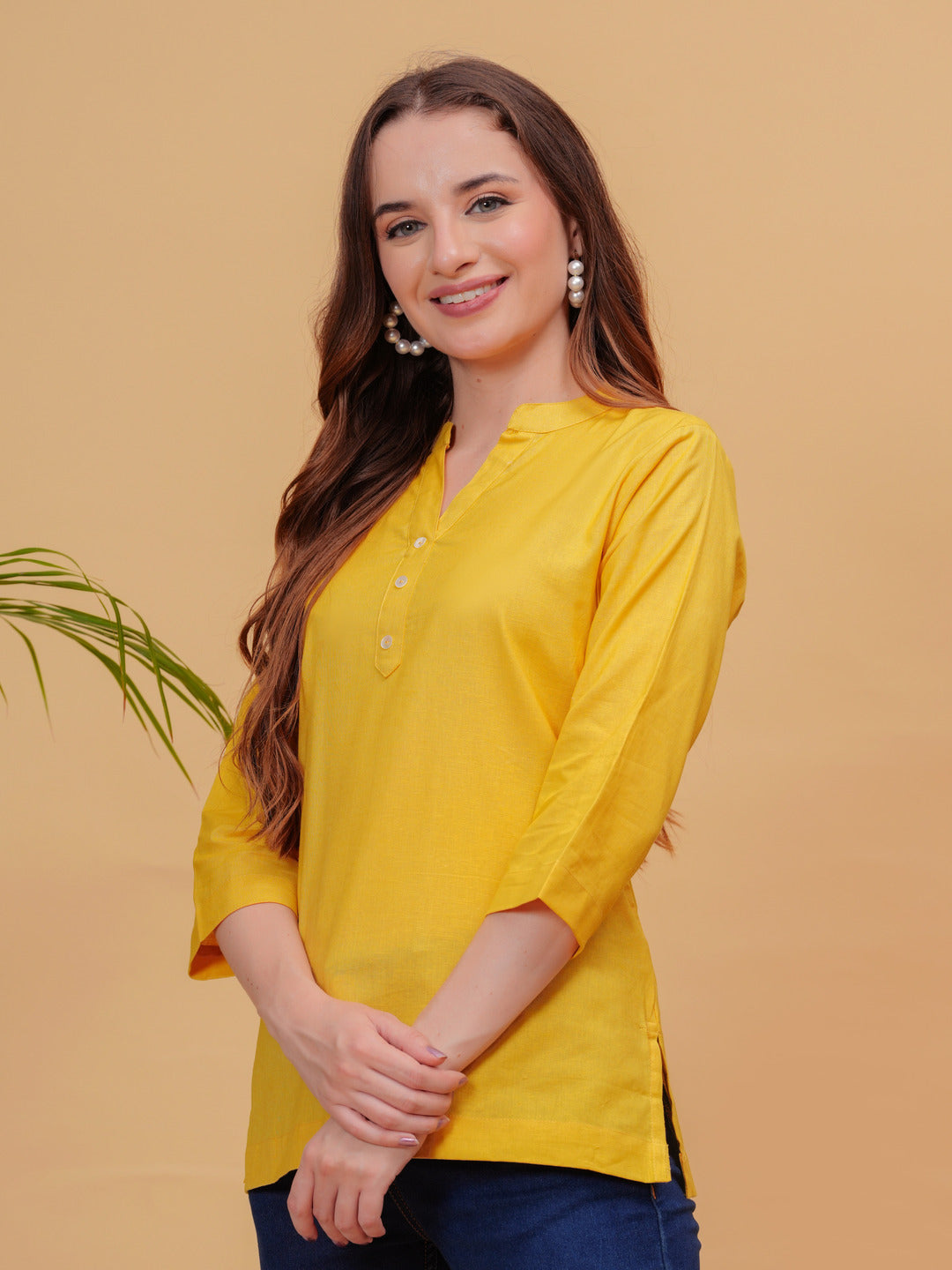 Mustard Solid Tops & Tunic - Linen Fabric, 3/4 Sleeves, Mandarin Collar And Hips Length