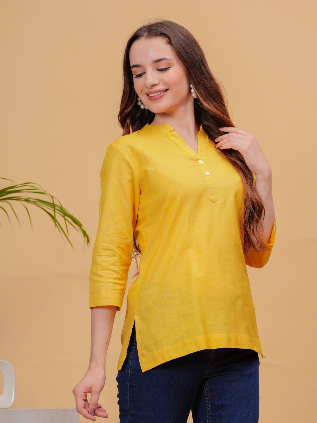 Mustard Solid Tops & Tunic - Linen Fabric, 3/4 Sleeves, Mandarin Collar And Hips Length