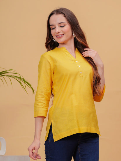 Mustard Solid Tops & Tunic - Linen Fabric, 3/4 Sleeves, Mandarin Collar And Hips Length