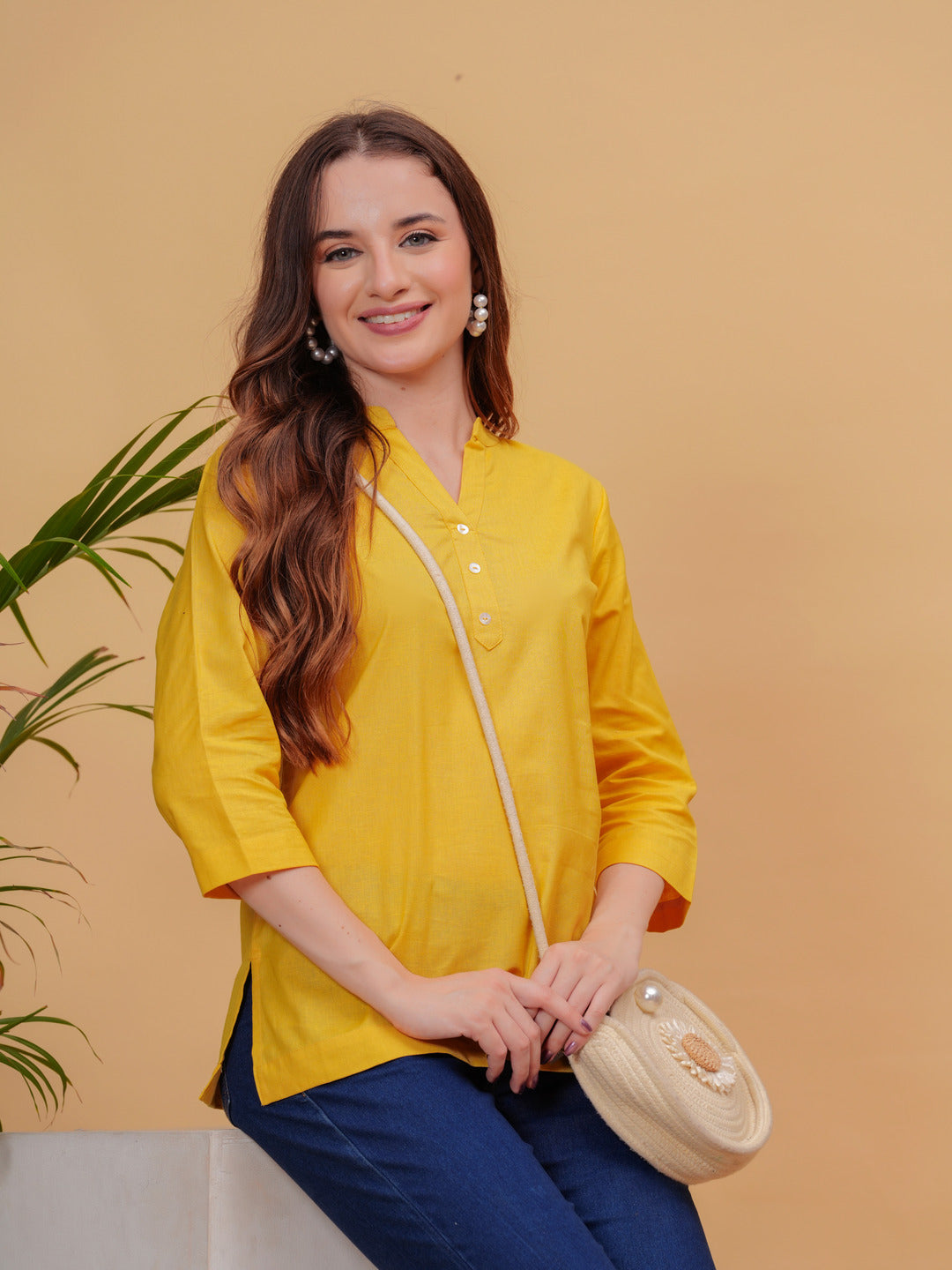 Mustard Solid Tops & Tunic - Linen Fabric, 3/4 Sleeves, Mandarin Collar And Hips Length