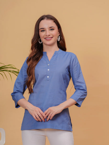 Navy Solid Tops & Tunic - Linen Fabric, 3/4 Sleeves, Mandarin Collar And Hips Length