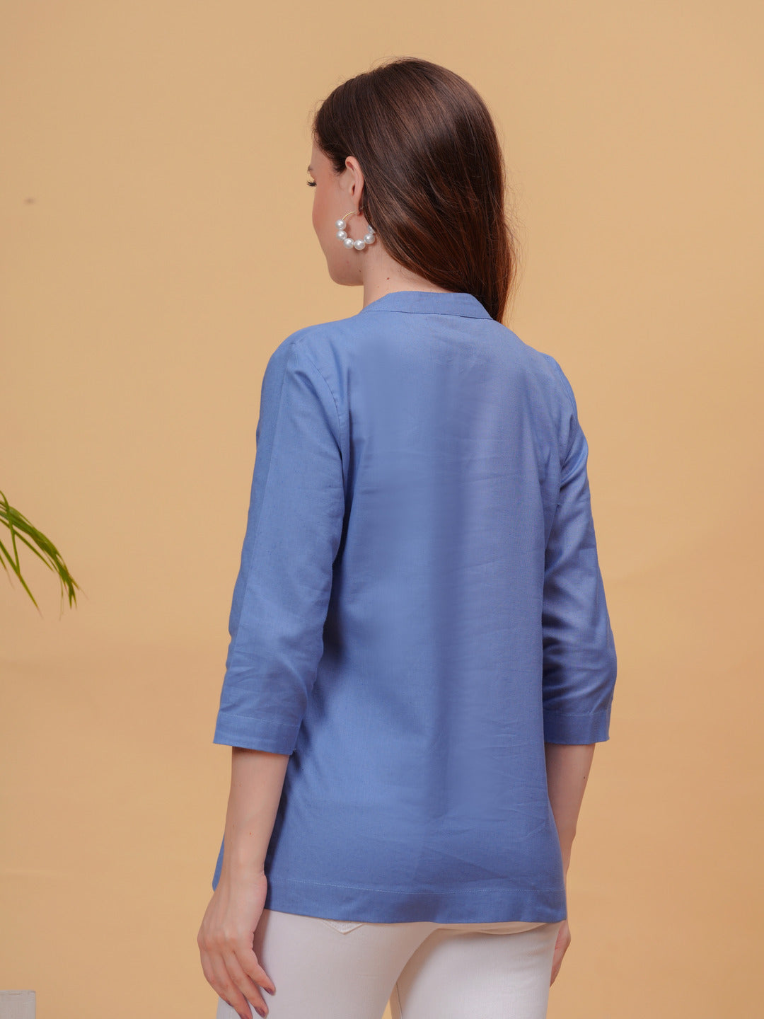 Navy Solid Tops & Tunic - Linen Fabric, 3/4 Sleeves, Mandarin Collar And Hips Length