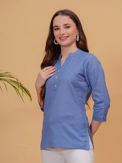 Navy Solid Tops & Tunic - Linen Fabric, 3/4 Sleeves, Mandarin Collar And Hips Length