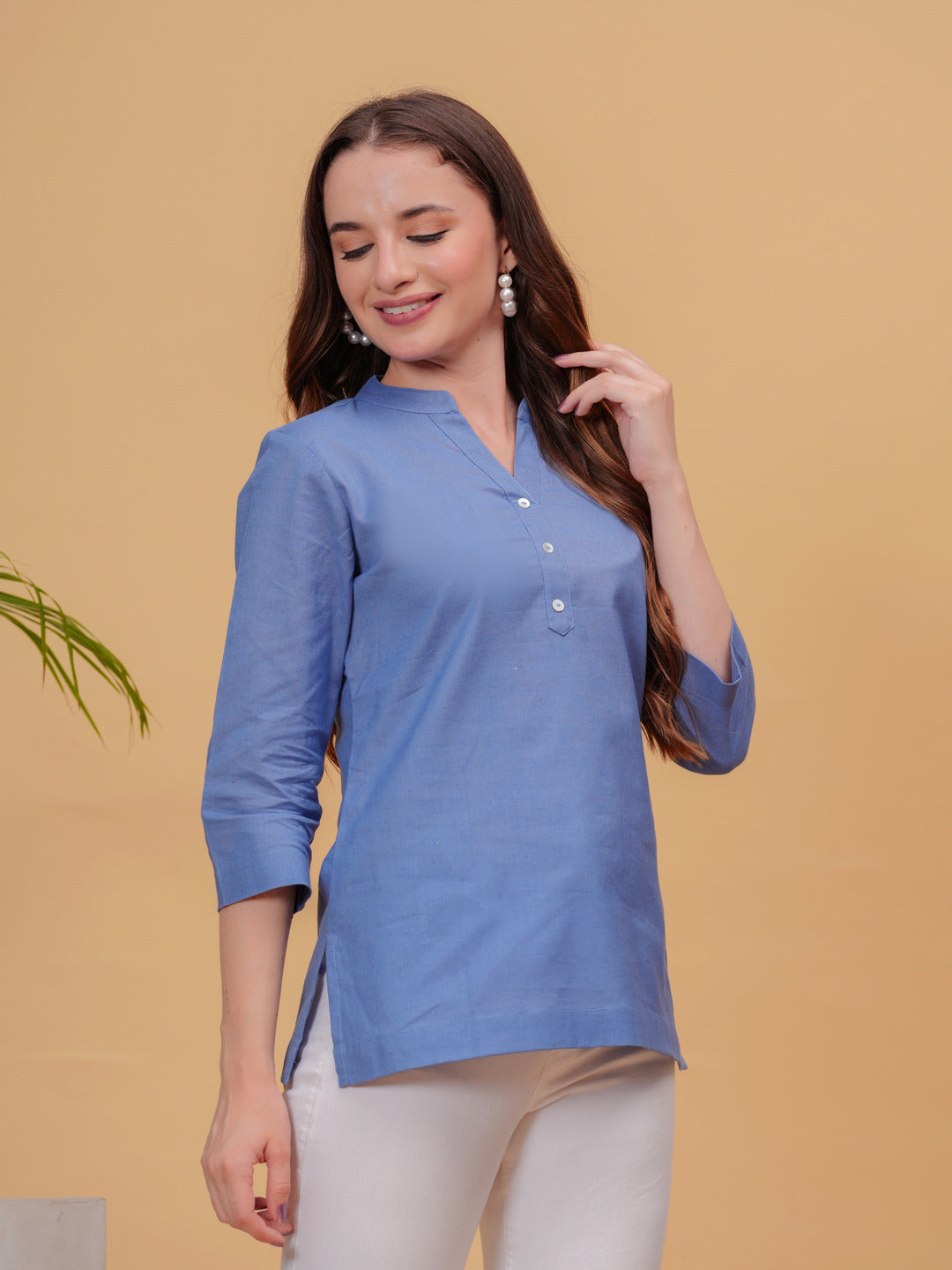 Navy Solid Tops & Tunic - Linen Fabric, 3/4 Sleeves, Mandarin Collar And Hips Length