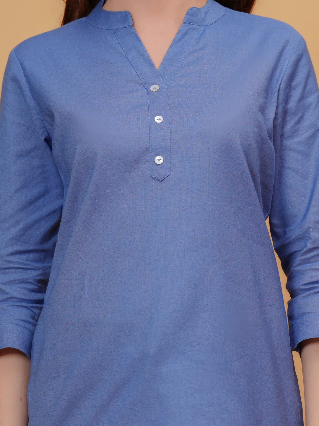 Navy Solid Tops & Tunic - Linen Fabric, 3/4 Sleeves, Mandarin Collar And Hips Length