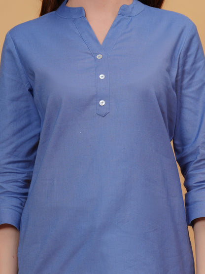 Navy Solid Tops & Tunic - Linen Fabric, 3/4 Sleeves, Mandarin Collar And Hips Length