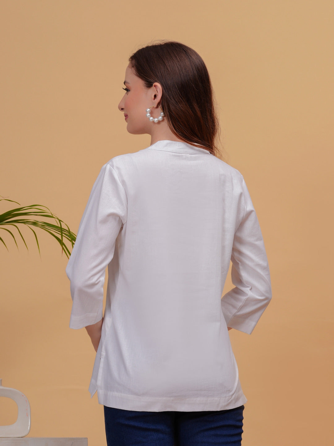 Off-White Solid Tops & Tunic - Linen Fabric, 3/4 Sleeves, Mandarin Collar And Hips Length