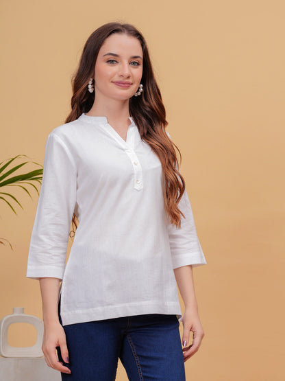 Off-White Solid Tops & Tunic - Linen Fabric, 3/4 Sleeves, Mandarin Collar And Hips Length