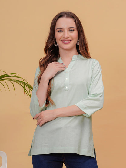 Parrot Green Solid Tops & Tunic - Linen Fabric, 3/4 Sleeves, Mandarin Collar And Hips Length