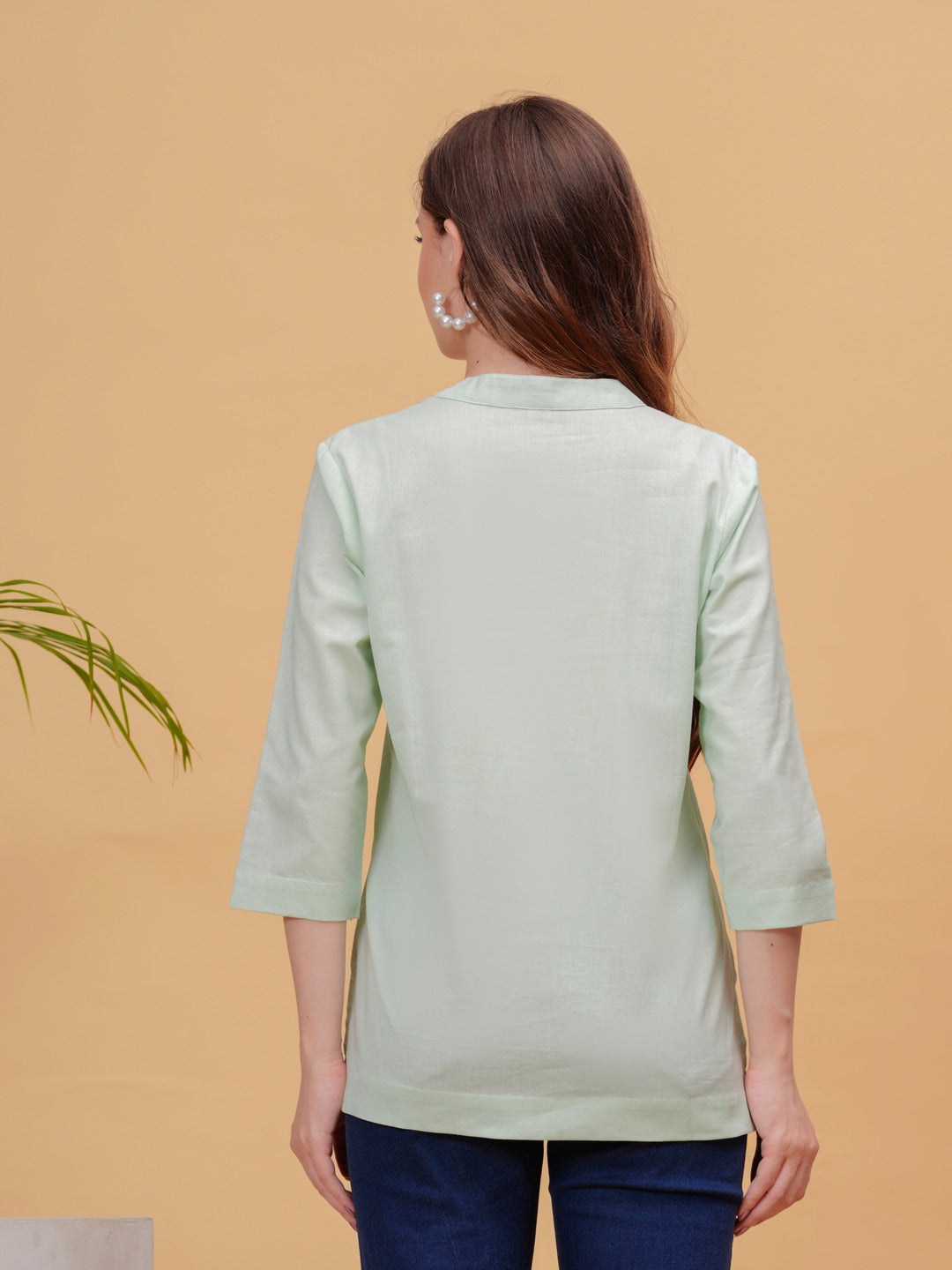 Parrot Green Solid Tops & Tunic - Linen Fabric, 3/4 Sleeves, Mandarin Collar And Hips Length