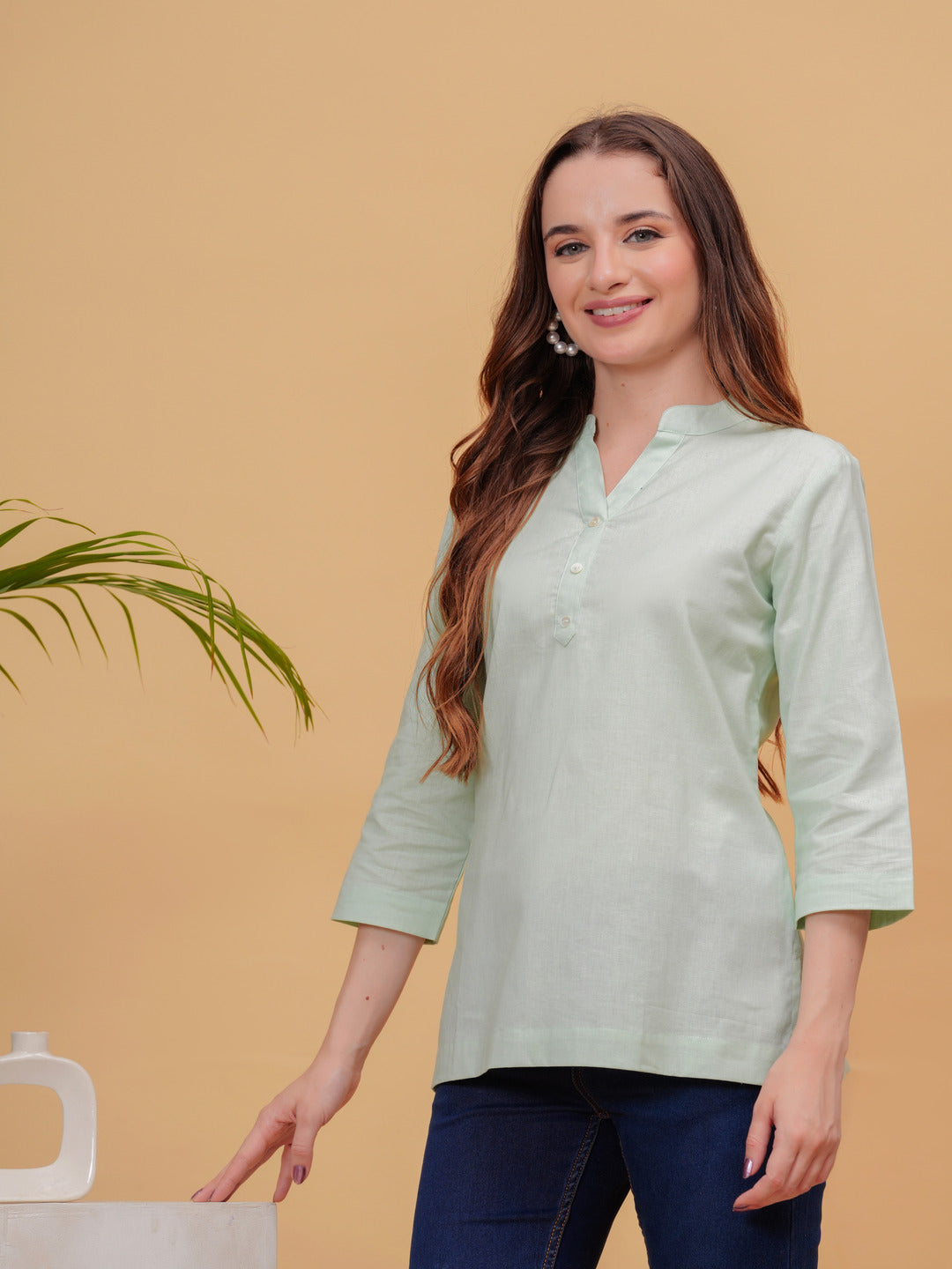 Parrot Green Solid Tops & Tunic - Linen Fabric, 3/4 Sleeves, Mandarin Collar And Hips Length