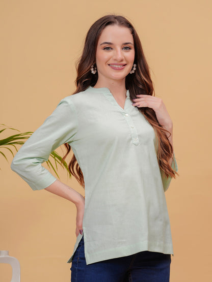 Parrot Green Solid Tops & Tunic - Linen Fabric, 3/4 Sleeves, Mandarin Collar And Hips Length