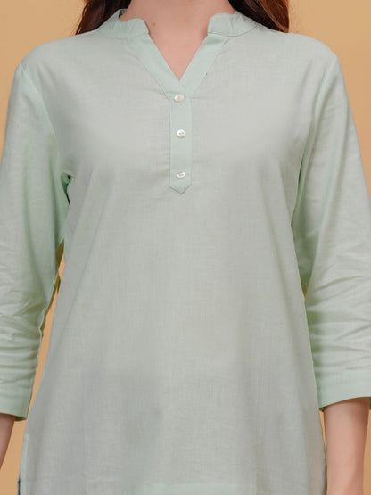 Parrot Green Solid Tops & Tunic - Linen Fabric, 3/4 Sleeves, Mandarin Collar And Hips Length