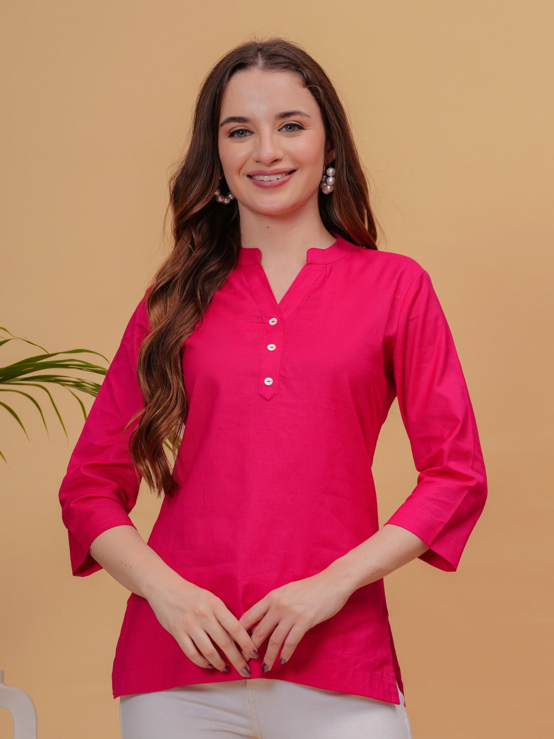 Pink Solid Tops & Tunic - Linen Fabric, 3/4 Sleeves, Mandarin Collar And Hips Length