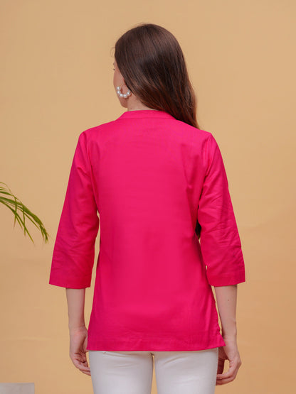 Pink Solid Tops & Tunic - Linen Fabric, 3/4 Sleeves, Mandarin Collar And Hips Length