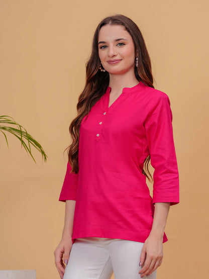 Pink Solid Tops & Tunic - Linen Fabric, 3/4 Sleeves, Mandarin Collar And Hips Length