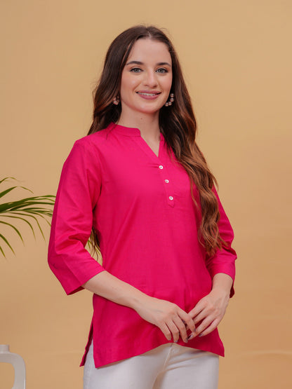 Pink Solid Tops & Tunic - Linen Fabric, 3/4 Sleeves, Mandarin Collar And Hips Length