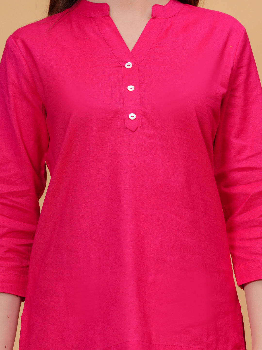 Pink Solid Tops & Tunic - Linen Fabric, 3/4 Sleeves, Mandarin Collar And Hips Length