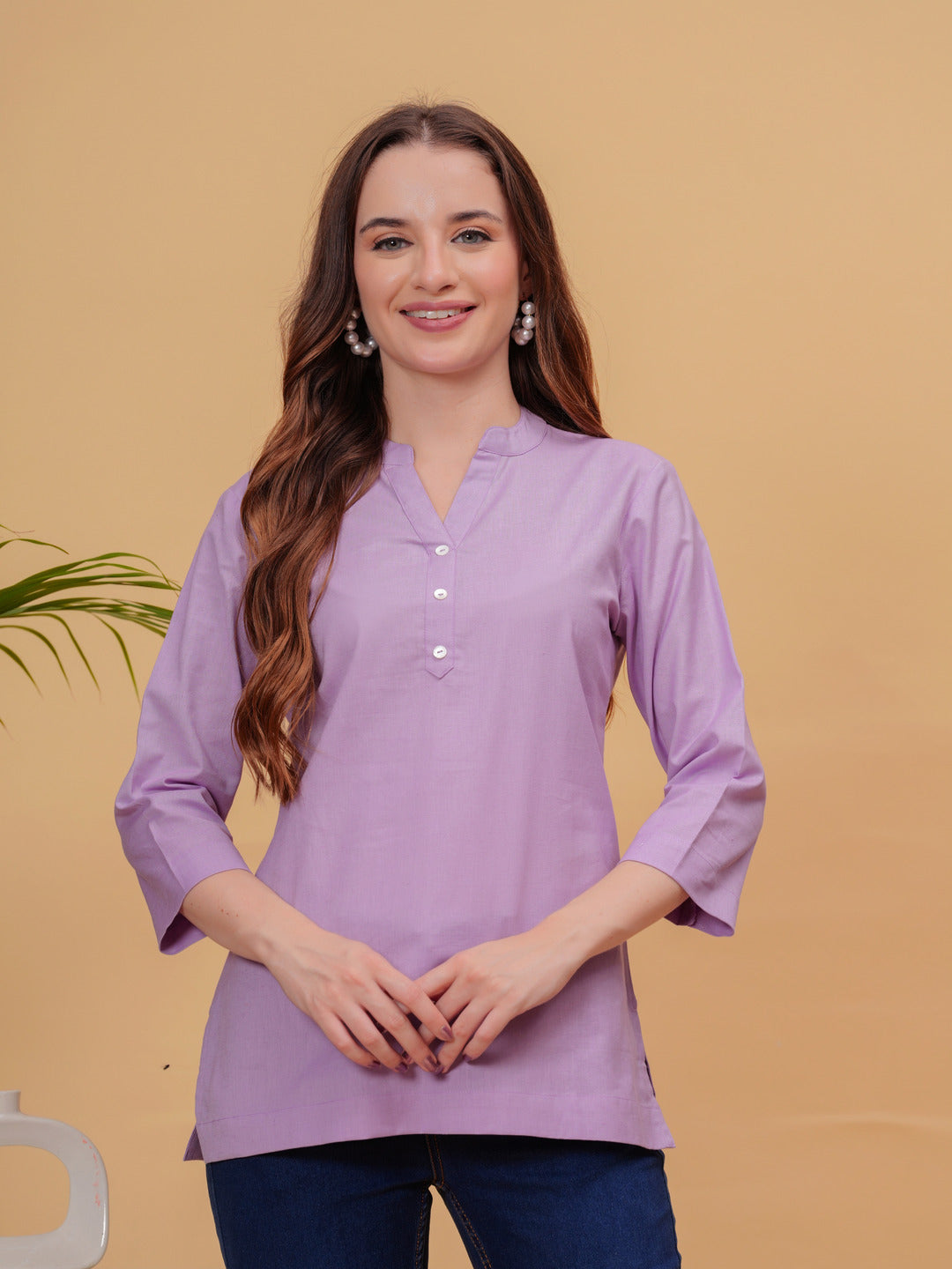 Purple Solid Tops & Tunic - Linen Fabric, 3/4 Sleeves, Mandarin Collar And Hips Length