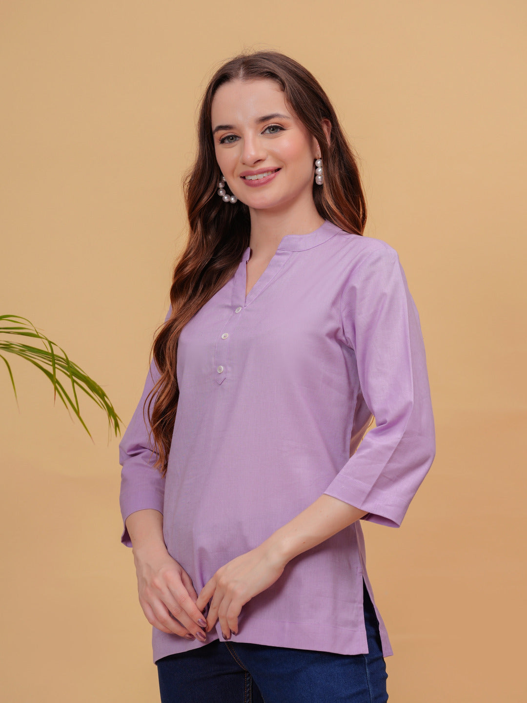 Purple Solid Tops & Tunic - Linen Fabric, 3/4 Sleeves, Mandarin Collar And Hips Length