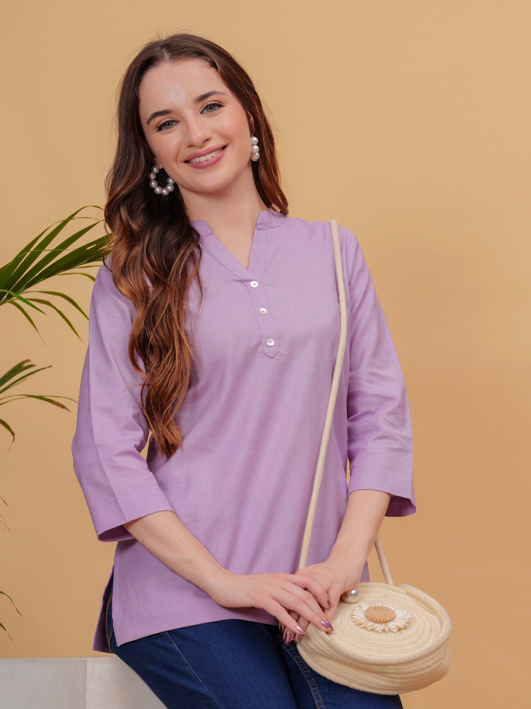 Purple Solid Tops & Tunic - Linen Fabric, 3/4 Sleeves, Mandarin Collar And Hips Length