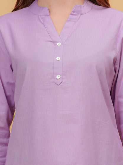 Purple Solid Tops & Tunic - Linen Fabric, 3/4 Sleeves, Mandarin Collar And Hips Length