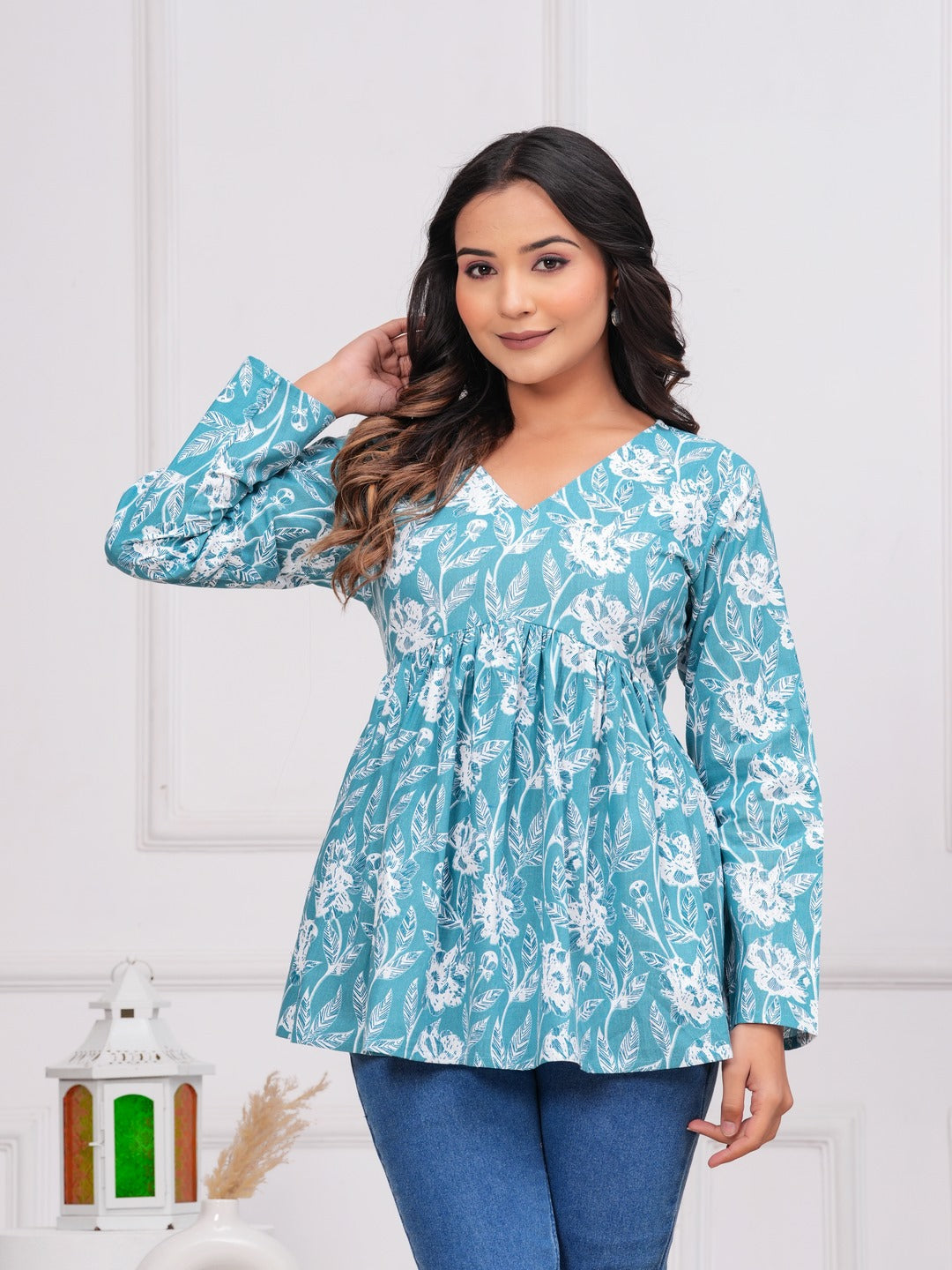 Turquoise Cotton Floral Top