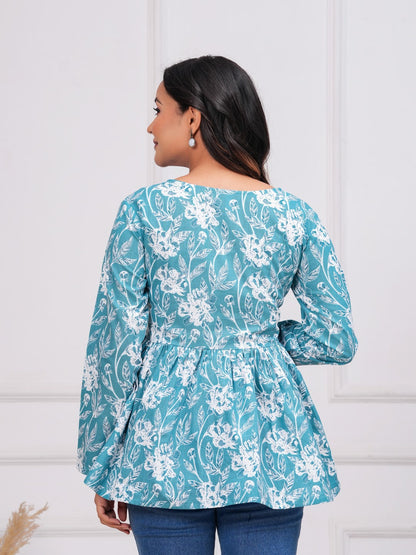 Turquoise Cotton Floral Top