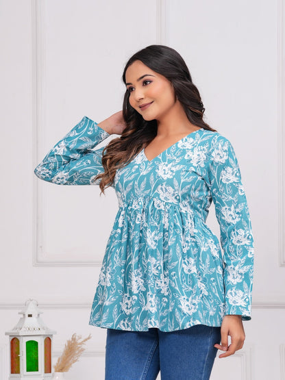 Turquoise Cotton Floral Top