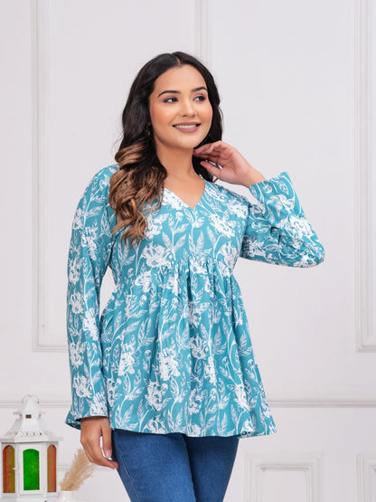 Turquoise Cotton Floral Top