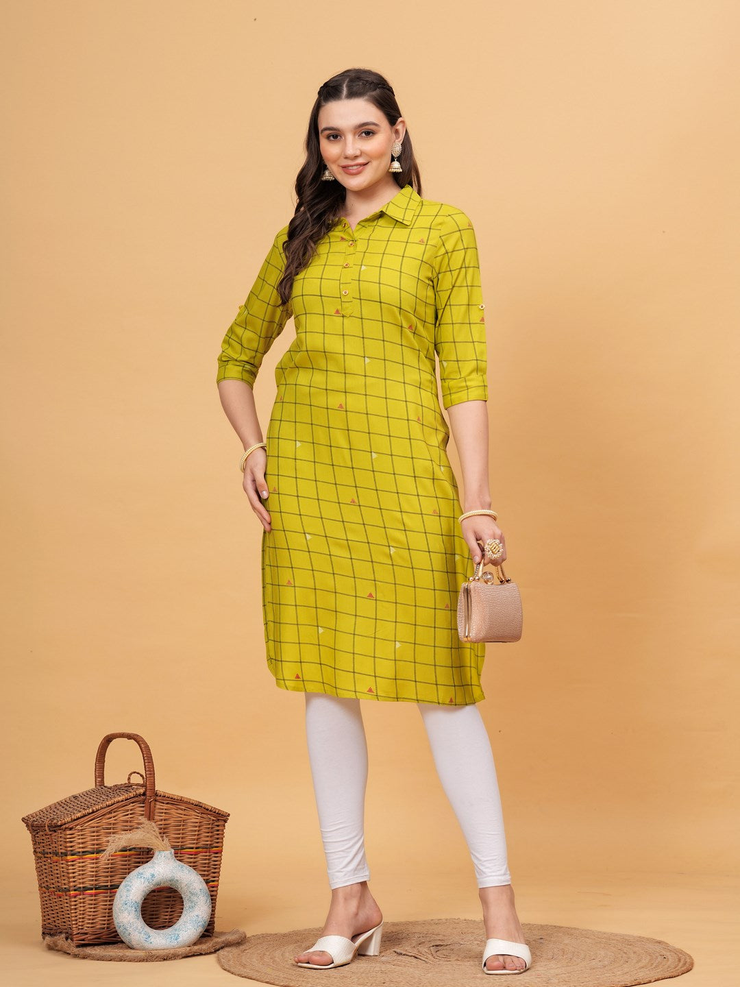 Checks Print Shirt Collar 3/4 Sleeves Calf Length Rayon Straight Kurta