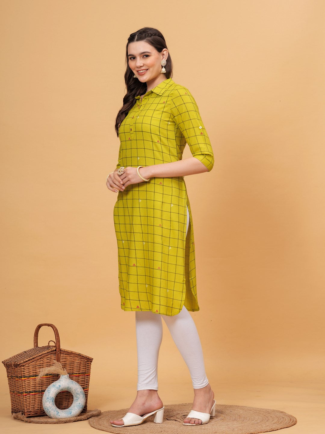 Checks Print Shirt Collar 3/4 Sleeves Calf Length Rayon Straight Kurta