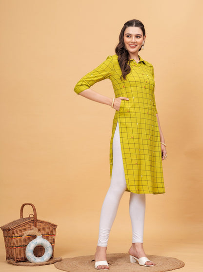 Checks Print Shirt Collar 3/4 Sleeves Calf Length Rayon Straight Kurta