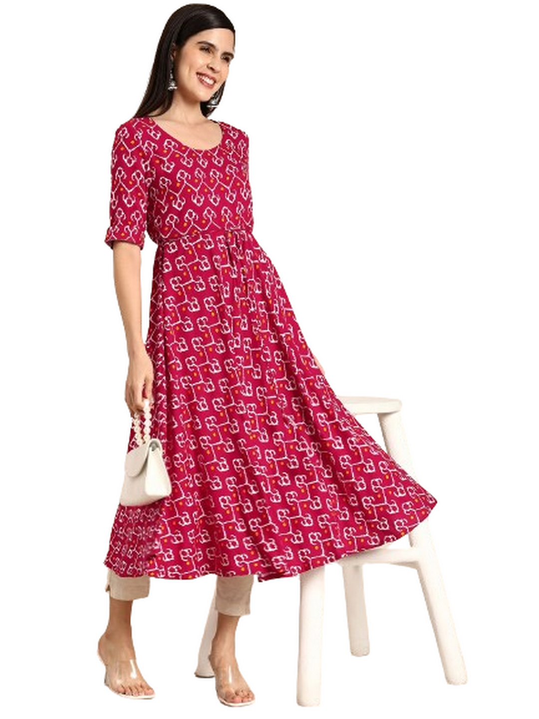 Geometric Round Neck Half Sleeves Calf Length Rayon Straight Kurta