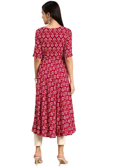 Geometric Round Neck Half Sleeves Calf Length Rayon Straight Kurta