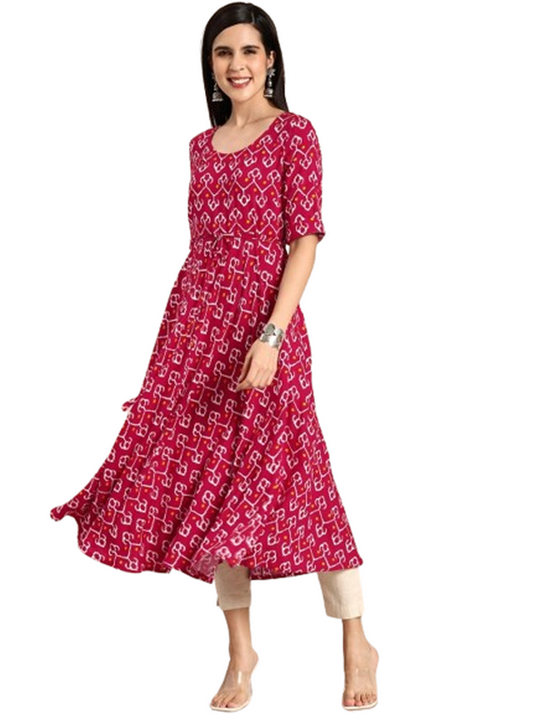 Geometric Round Neck Half Sleeves Calf Length Rayon Straight Kurta