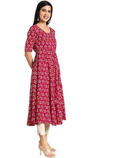 Geometric Round Neck Half Sleeves Calf Length Rayon Straight Kurta