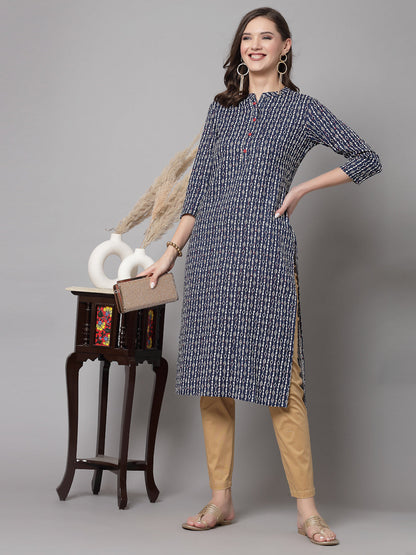 Blue Self-Design Straight Kurta - Rayon Fabric, 3/4 Sleeves, Mandarin Collar And Calf Length