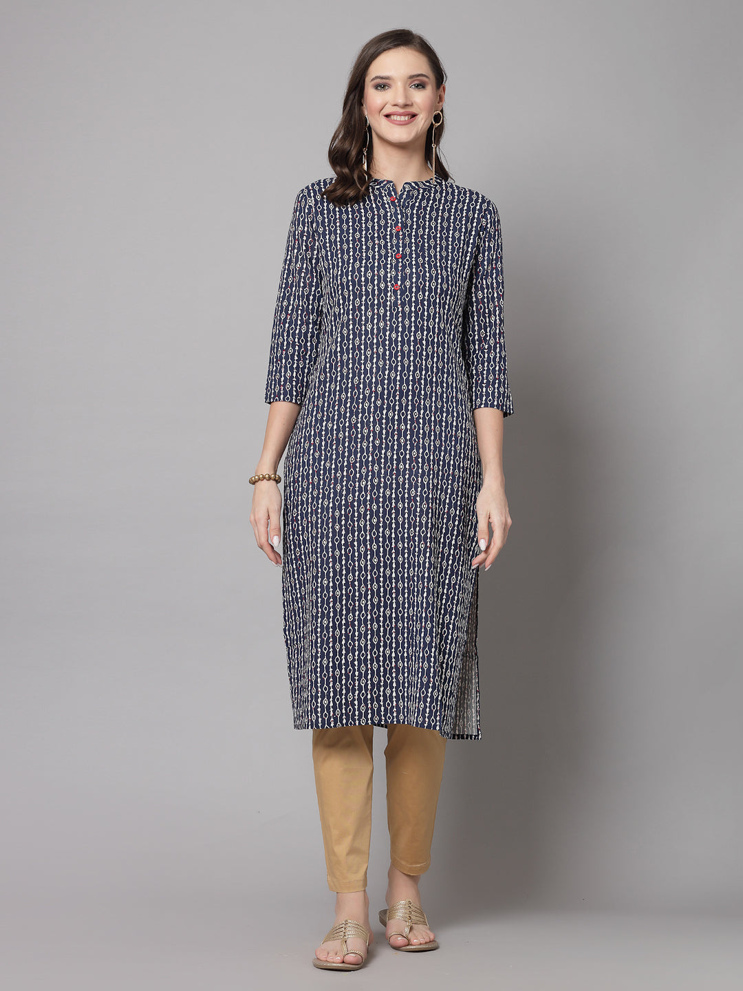 Blue Self-Design Straight Kurta - Rayon Fabric, 3/4 Sleeves, Mandarin Collar And Calf Length