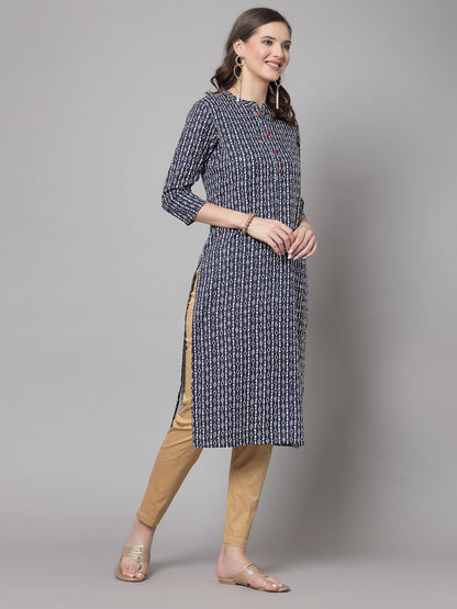 Blue Self-Design Straight Kurta - Rayon Fabric, 3/4 Sleeves, Mandarin Collar And Calf Length