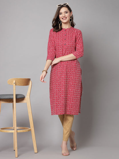 Red Self-Design Straight Kurta - Rayon Fabric, 3/4 Sleeves, Mandarin Collar And Calf Length